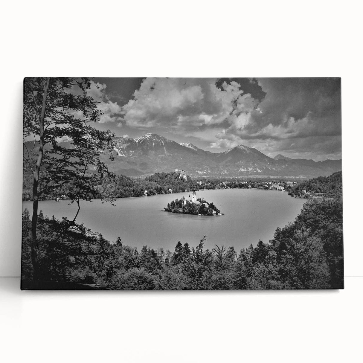 Black and white photo of a European scenery on large stretched canvas, ideal for kitchen wall art or bedroom ambiance.