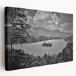 Large art print of a Slovenian landscape on stretched canvas, featuring muted green and blue tones.