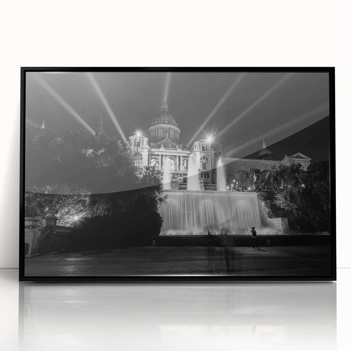 Large abstract wall art depicting a European Barcelona scenery in muted tones on a framed acrylic.