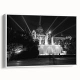 Vintage poster art of Barcelona skyline in vibrant colors on a large framed canvas, ideal for living room decor.