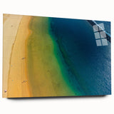 Large abstract wall art depicting a European scenery in muted blue and green tones on acrylic glass.