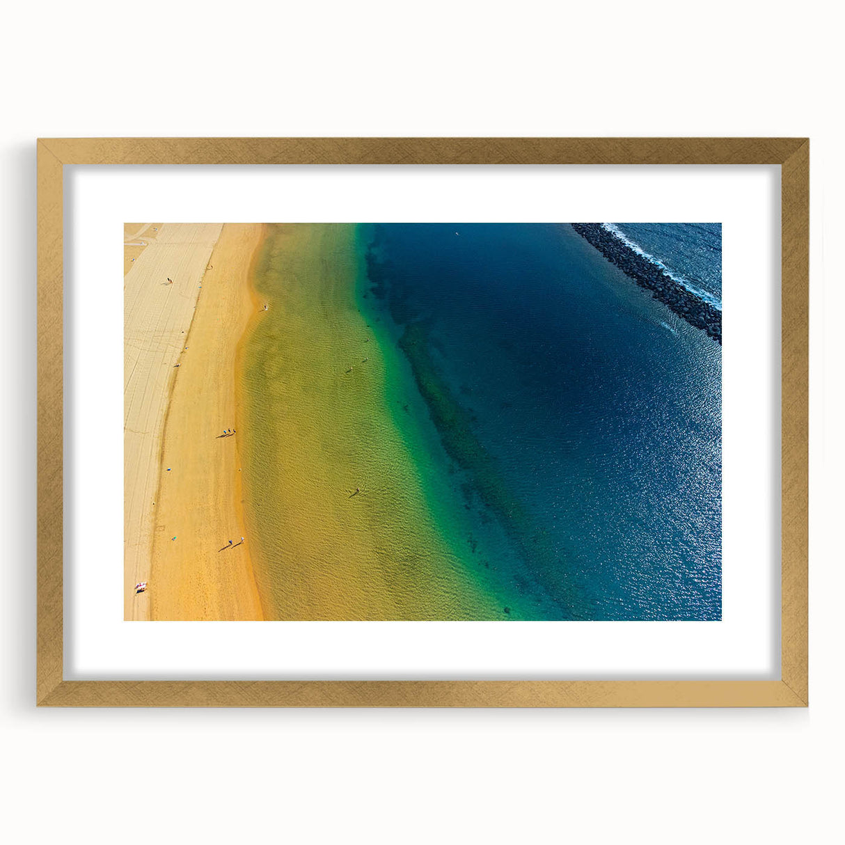 Abstract art print of a European scenery in muted earth tones, framed in gold, suitable for dining room decor.