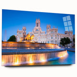 Large abstract wall art of Madrid skyline in muted earth tones on acrylic glass, ideal for bedroom or dining room decor.