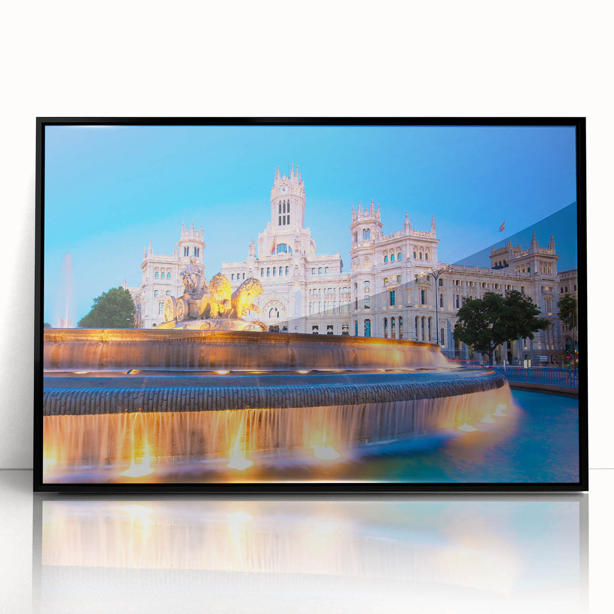 Large abstract wall art of Madrid skyline in muted gray tones on a black framed acrylic, suitable for modern art wall decor.