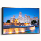 Black and white framed canvas of Madrid landscape, vintage poster art style, ideal for bedroom wall decor.