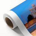 Art Deco poster of Madrid skyline in pastel shades on rolled canvas, ideal for nursery wall art or dining room decor.