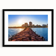 Abstract art print of colorful, textured scenery in Valencia, on a large black-framed canvas, ideal for living room decor.