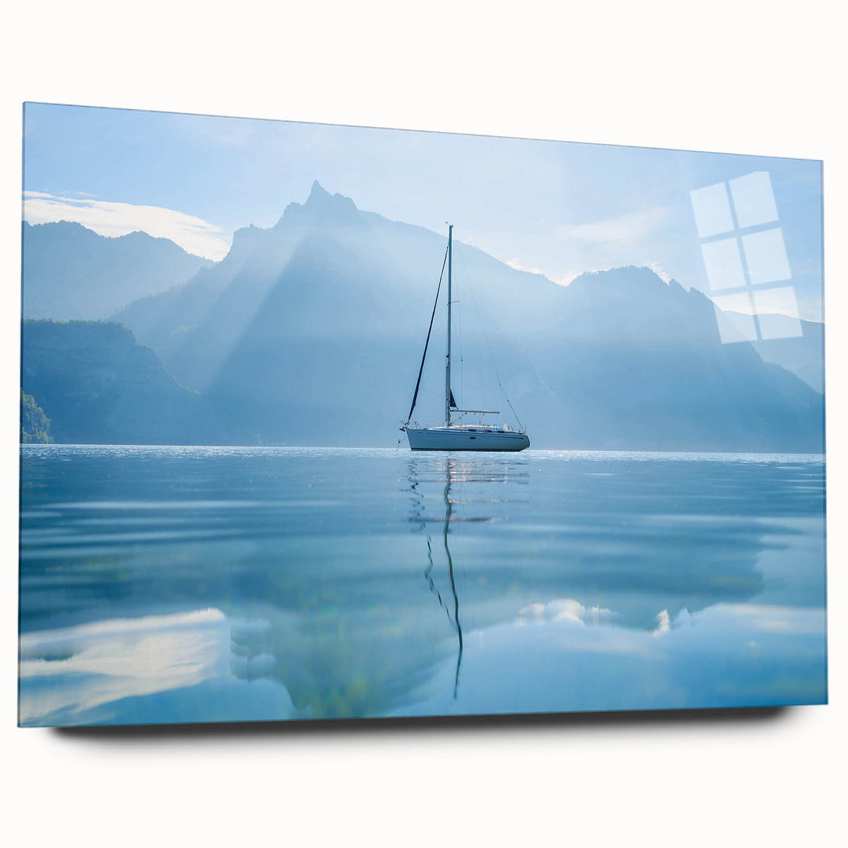 Acrylic glass print of a large abstract Geneva scenery in muted earth tones, suitable for bedroom or dining room art.