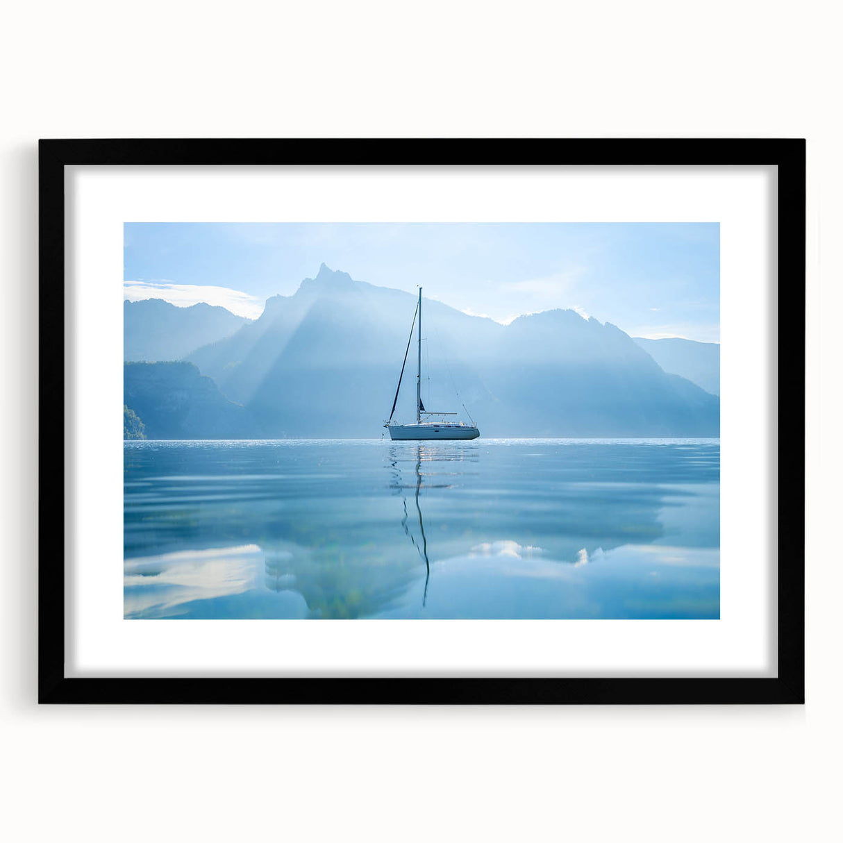 Extra large abstract art print of Geneva scenery in vibrant colors on a textured canvas, framed in black.
