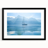 Extra large abstract art print of Geneva scenery in vibrant colors on a textured canvas, framed in black.