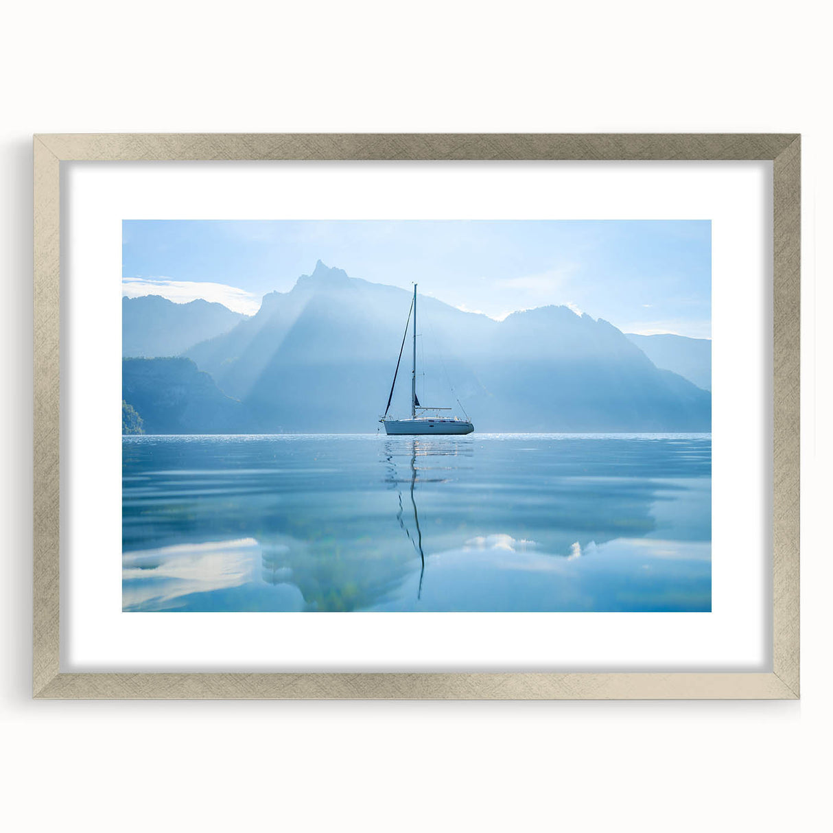 Textured abstract art print of Geneva scenery in muted earth tones, framed in silver, ideal for bedroom art.