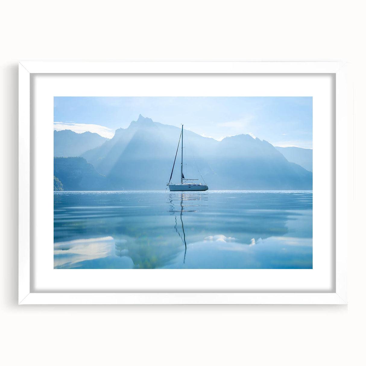 Abstract art print of Geneva scenery in muted blue and green tones on a white framed canvas, suitable for dining room decor.