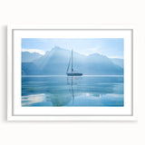 Abstract art print of Geneva scenery in muted blue and green tones on a white framed canvas, suitable for dining room decor.