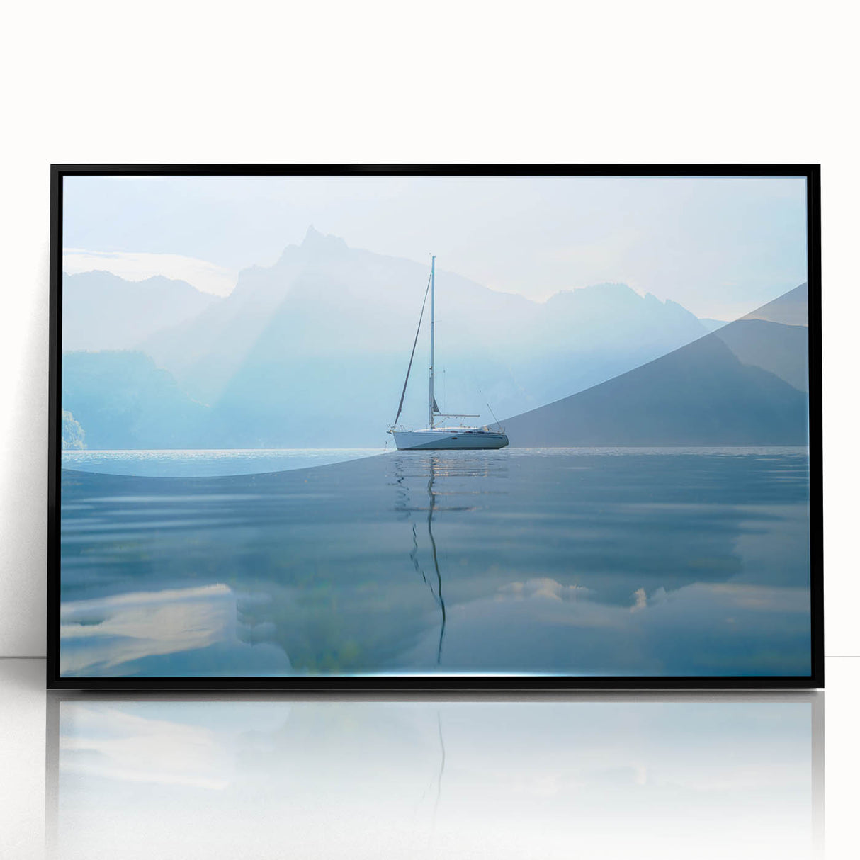 Large abstract wall art depicting Geneva scenery in muted gray tones on a black framed acrylic print.