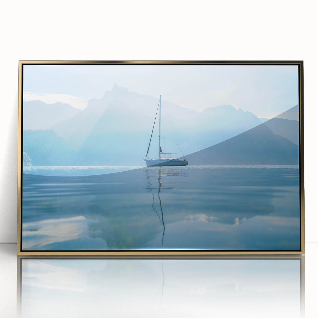 Large art print of Geneva scenery in mid-century modernist style, acrylic framed in gold, ideal for modern art wall decor.