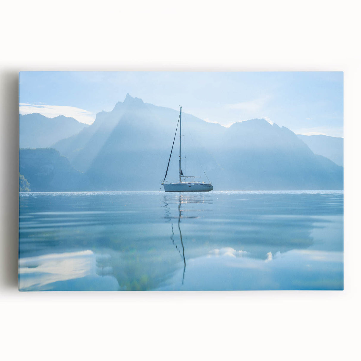 Black and white photograph of the Geneva skyline on stretched canvas, suitable for kitchen wall art.