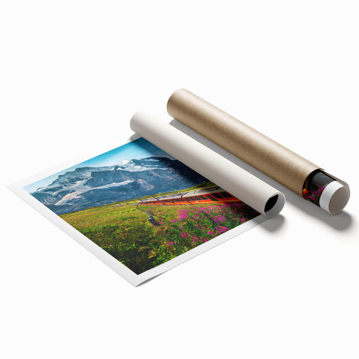 Extra large rolled print of a Swiss landscape, featuring lush greenery and a calm lake.