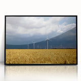 Large abstract wall art depicting a vibrant European scenery in mid-century modernist style, framed in black acrylic.