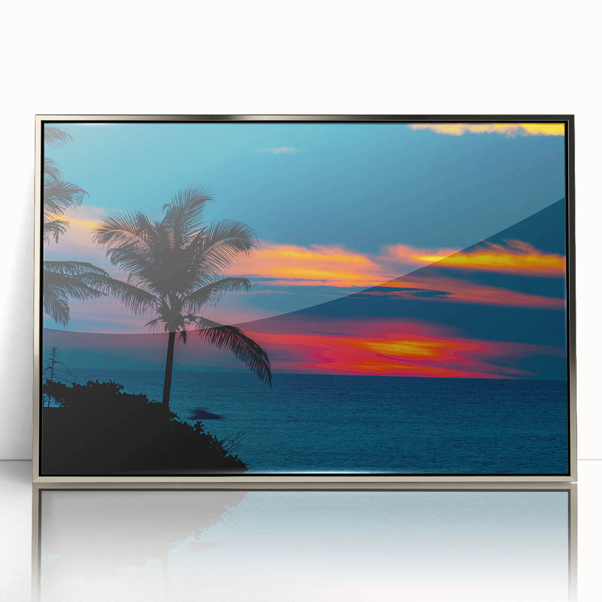 Mid-century modernist art depicting Acapulco scenery in vibrant colors on a silver-framed acrylic print.