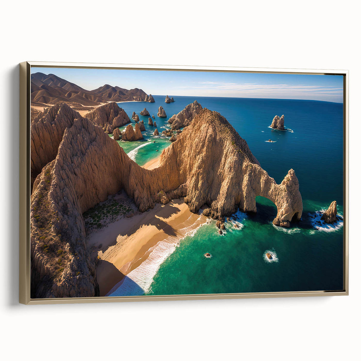 Framed canvas of a vintage-style Baja California landscape with muted earth tones, ideal for bedroom wall art.
