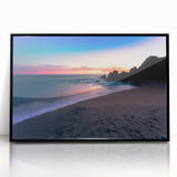 Large abstract wall art depicting the Cabo San Lucas scenery in muted earth tones, framed in black acrylic.