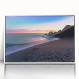 Framed acrylic print of Cabo San Lucas scenery in art deco style, featuring muted blue and white tones.