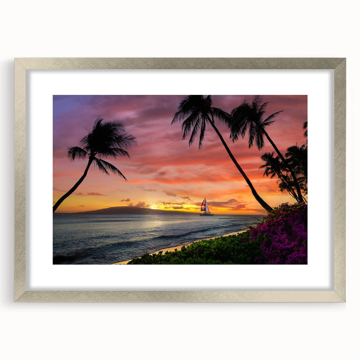Textured abstract art print of Cancun scenery in muted blue and green, framed in silver, ideal for bedroom wall decor.