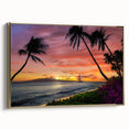 Framed canvas wall art depicting a vintage-style Cancun landscape in black and gold tones, ideal for bedroom decor.
