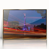 Framed acrylic print of Mexico City scenery in mid-century modernist style, with vibrant gold and blue tones.