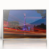 Acrylic print of Mexico City with art deco style, vibrant colors, framed in white, ideal for modern art wall decor.