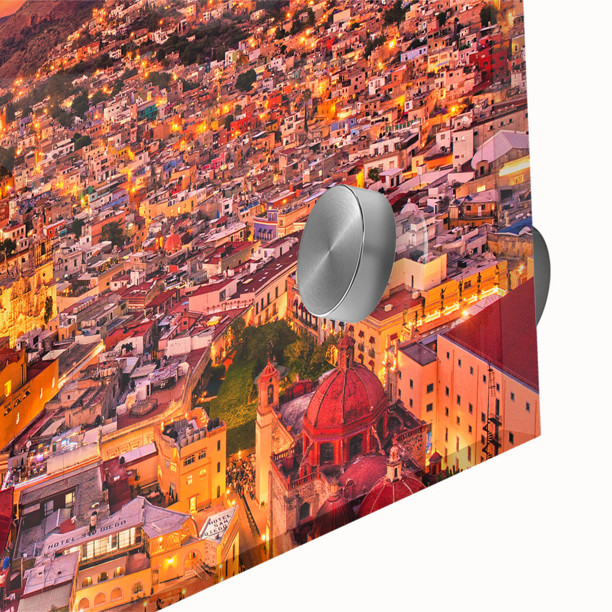 Mid-century modernist art of Guanajuato scenery in vibrant hues on acrylic glass, ideal for dining room art.