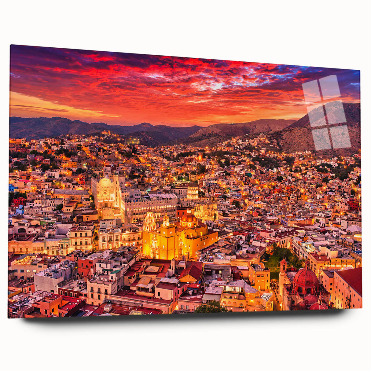 Acrylic print of a vibrant, abstract interpretation of Guanajuato scenery, ideal for bedroom or dining room art.