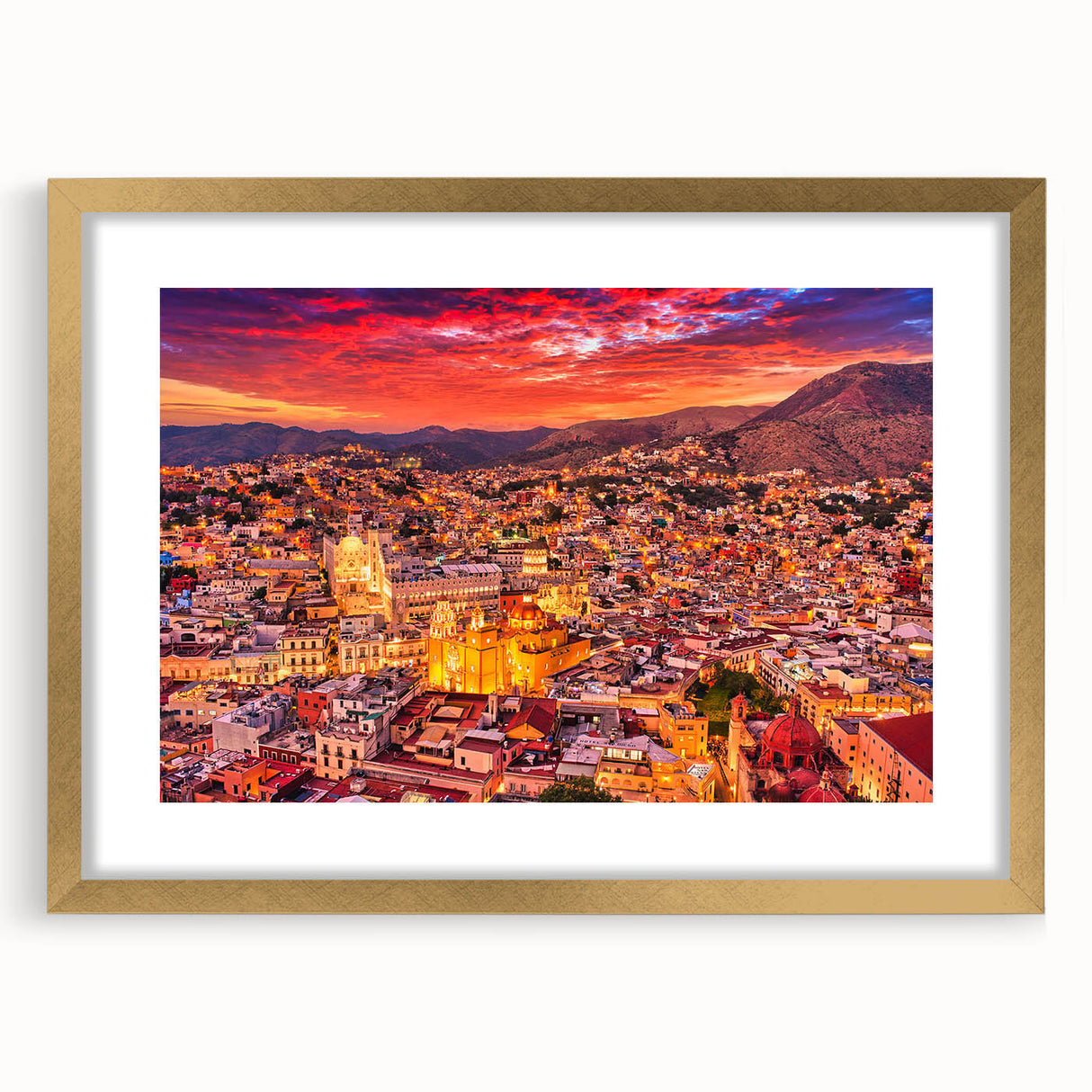 Extra large abstract art print of Guanajuato scenery in textured gold frame, ideal for living room decor.