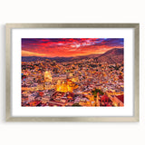 Textured art print of Guanajuato, Mexico in abstract style with muted earth tones on a silver-framed mat.