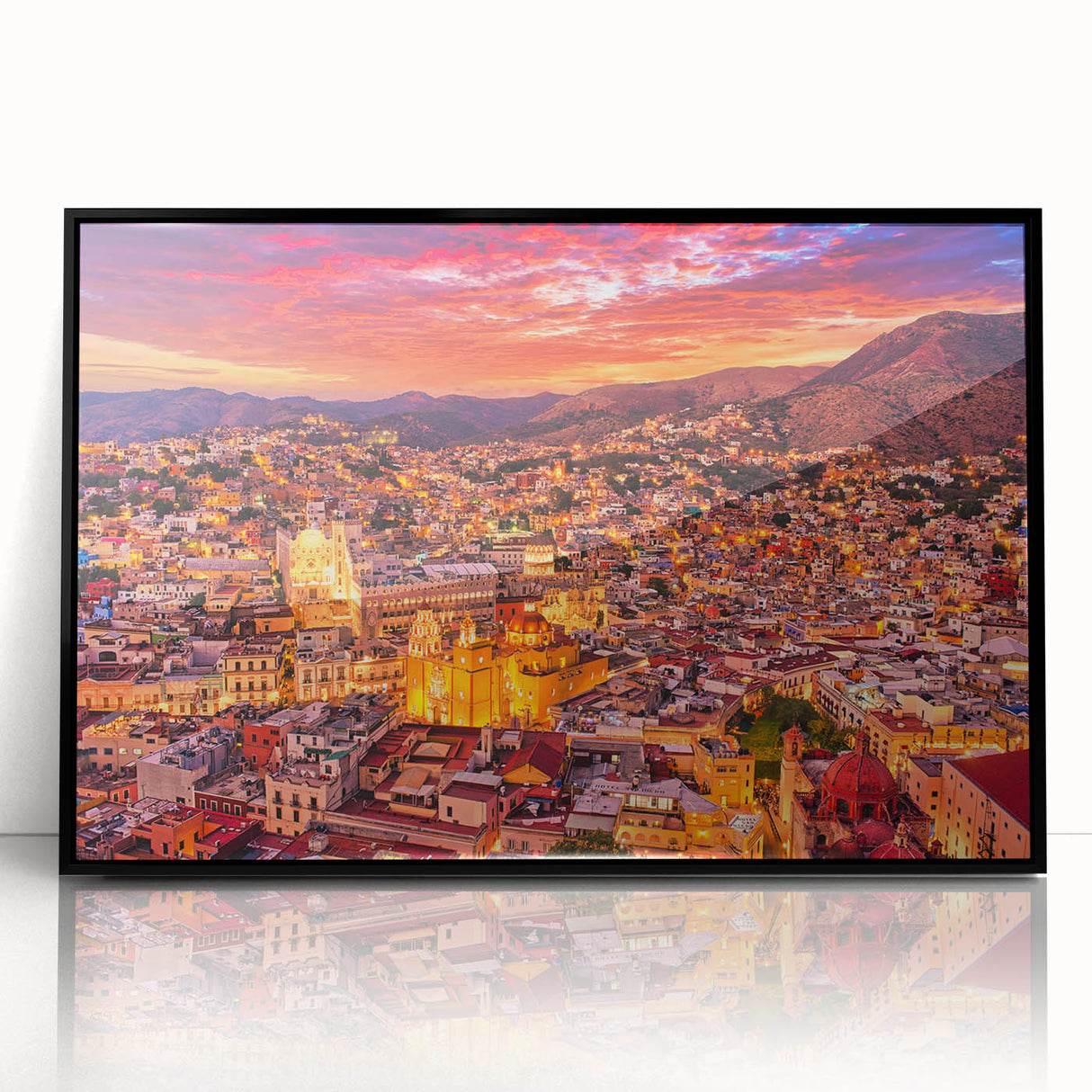 Large abstract wall art depicting a colorful Guanajuato scenery in mid-century modernist style, framed in black acrylic.
