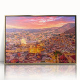 Mid-century modernist style large art print of Guanajuato, Mexico scenery in gold frame, vibrant colors.