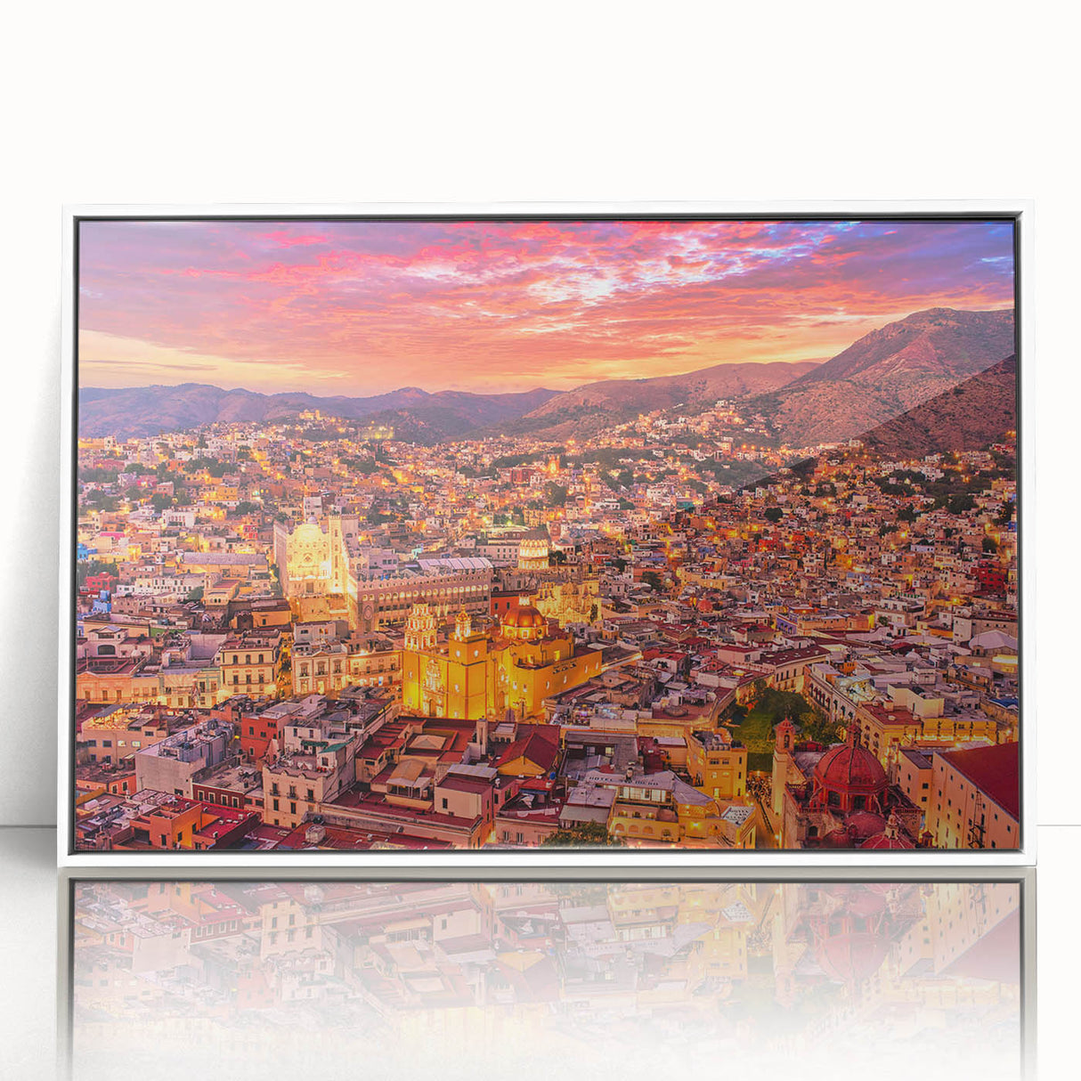 Framed acrylic print of Guanajuato, Mexico in vibrant colors, ideal for modern art wall decor or nursery.