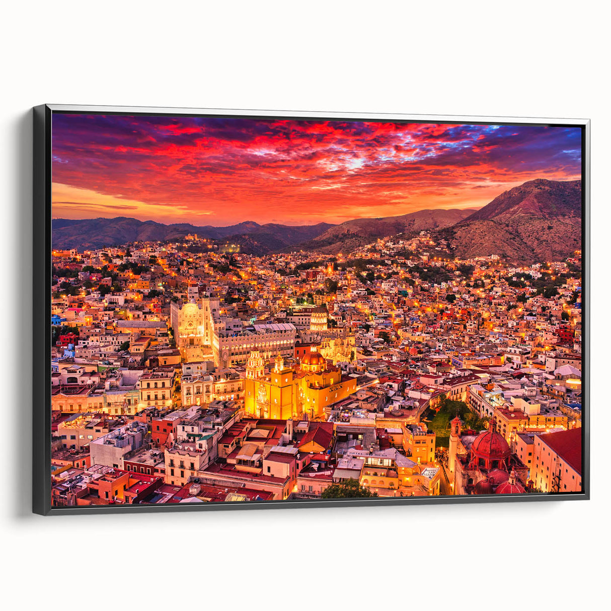 Black and white framed canvas of Guanajuato landscape, vintage poster style, ideal for bedroom wall art.