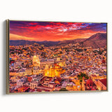Framed canvas of a vintage Guanajuato landscape in black and gold tones, ideal for bedroom wall art.