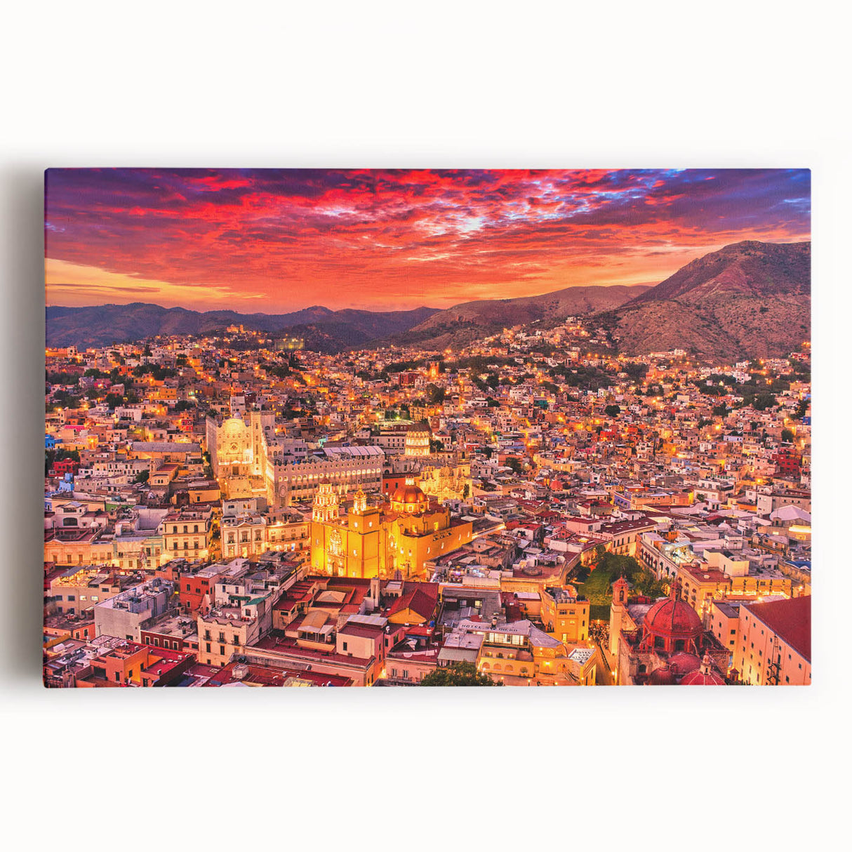 Black and white stretched canvas of Guanajuato, Mexico scenery, ideal for kitchen wall art.