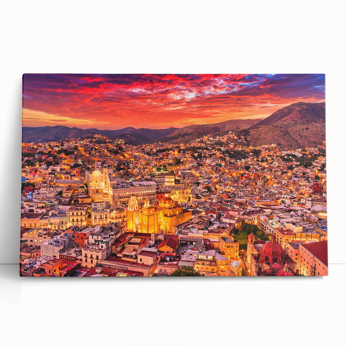 Black and white photo of Guanajuato scenery on stretched canvas, ideal for kitchen wall art.