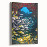 Framed canvas featuring a landscape art painting of Quintana Roo, Mexico, with vibrant colors on a black background.