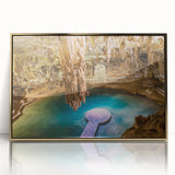 Mid-century modernist acrylic print of Yucatan scenery in gold frame, suitable for modern art wall decor.