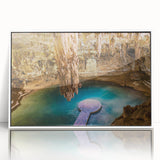 Art deco poster featuring a serene Yucatan landscape in soft pastel shades, presented as a framed acrylic print.