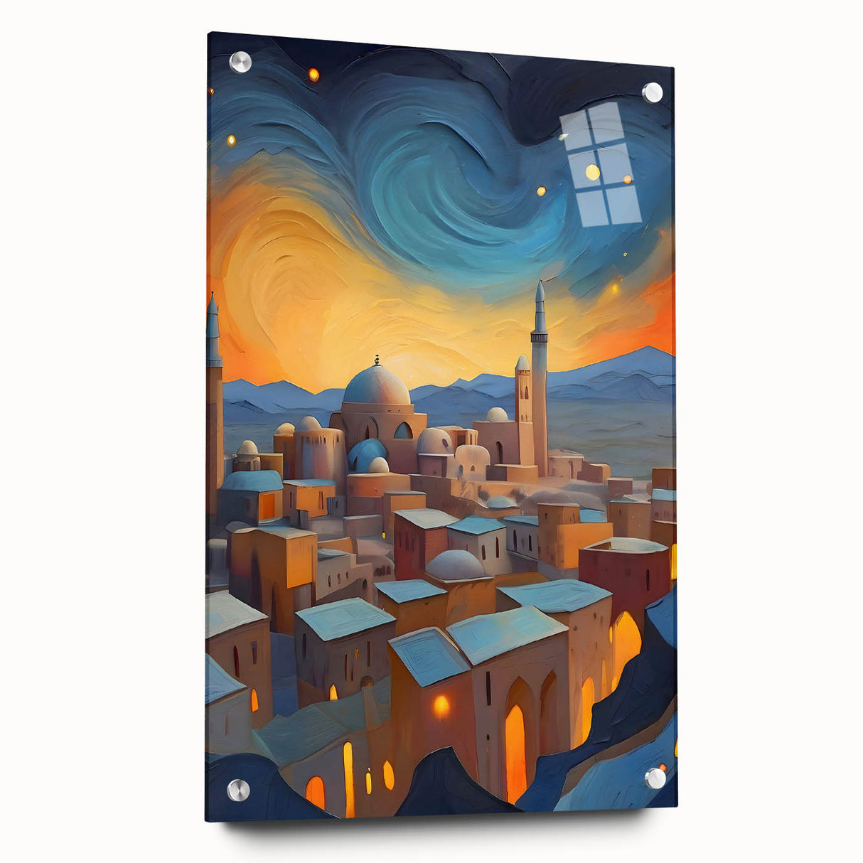 Acrylic print of a large abstract landscape depicting Middle Eastern scenery in earthy tones.