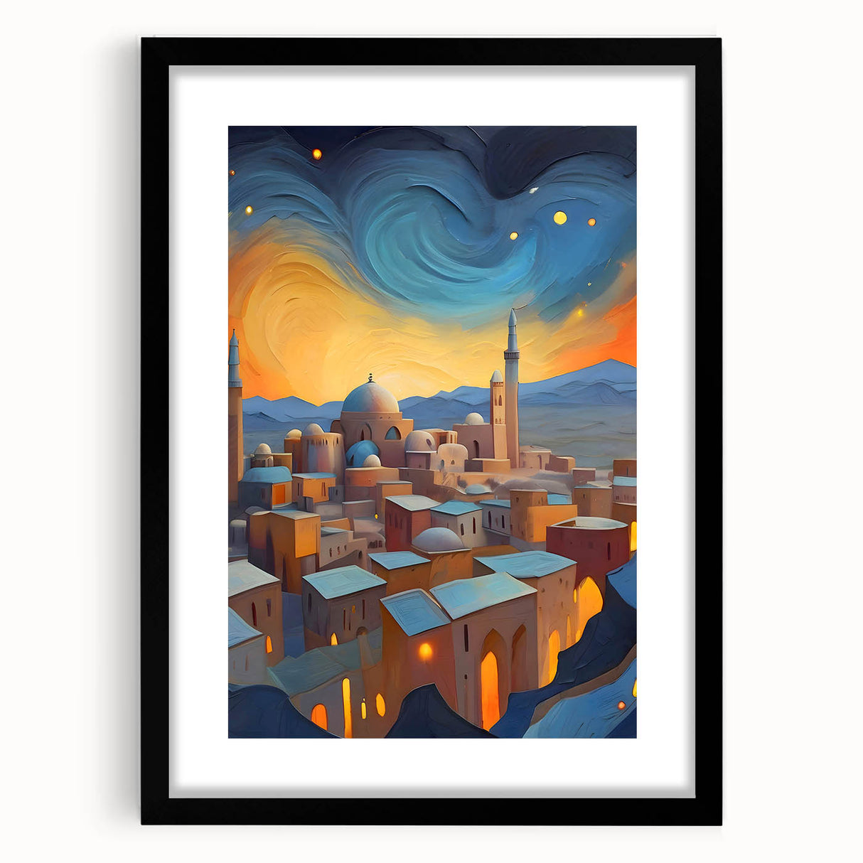 Extra large abstract art print depicting a colorful, textured scenery of a Middle Eastern landscape.