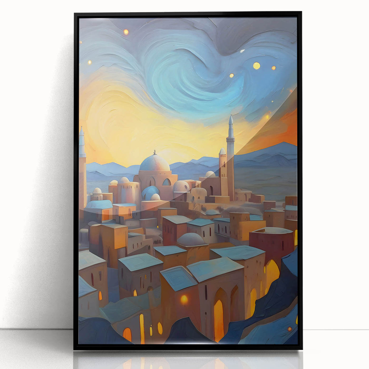 Large abstract wall art depicting a Middle Eastern scenery in muted earth tones on a framed acrylic.