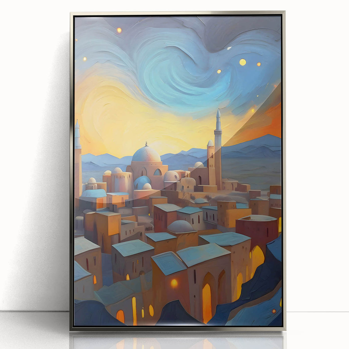 Mid-century modernist art depicting a serene Afghan landscape in muted hues on a silver-framed acrylic print.