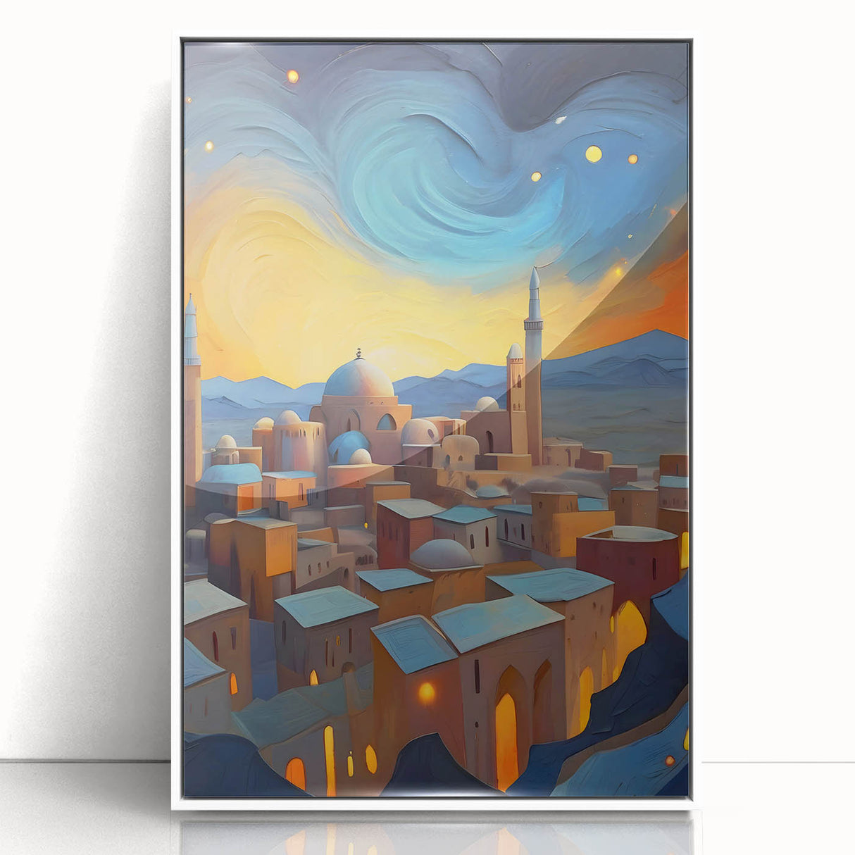 Art deco poster of Middle Eastern scenery in muted earth tones on a framed acrylic, suitable for modern art wall decor.