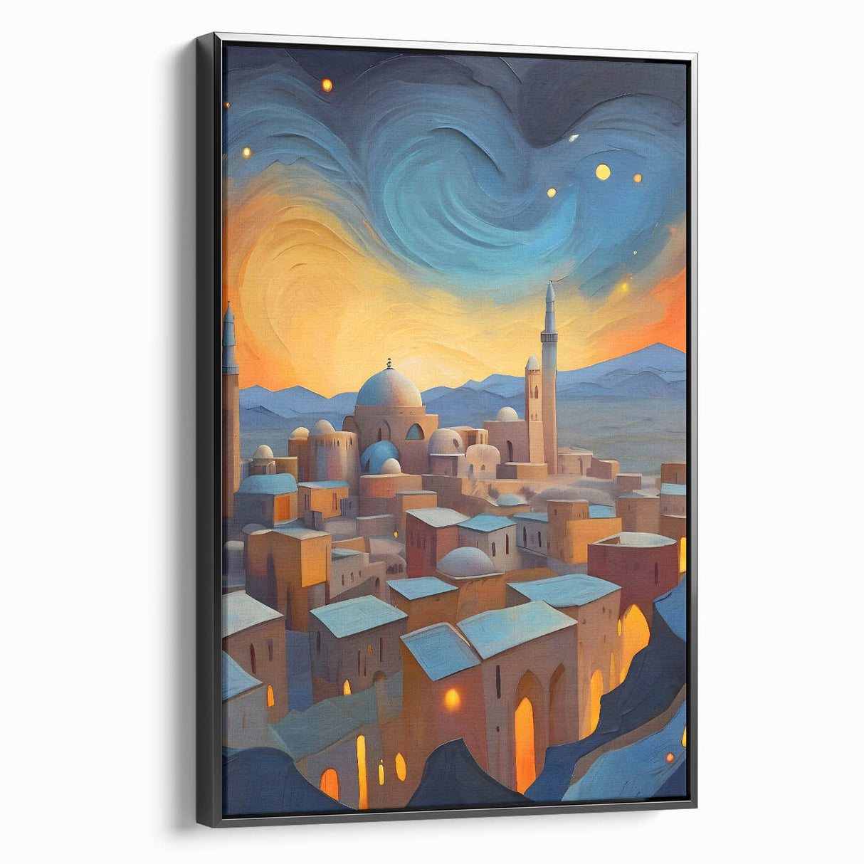 Black and white framed canvas featuring a vintage-style landscape painting of an Afghan scenery, ideal for bedroom wall art.